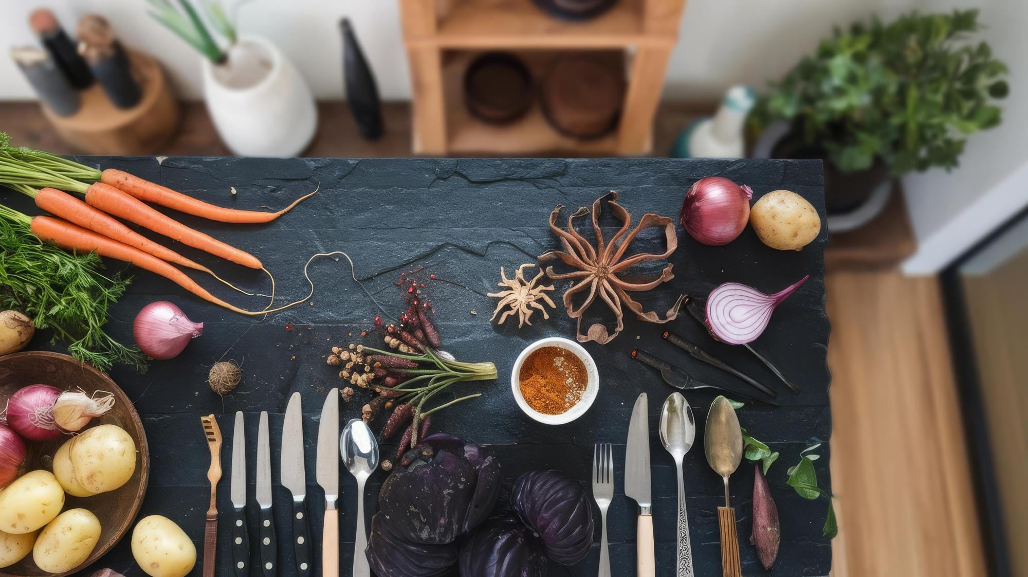Workshop kitchen counter with utensils and herbs